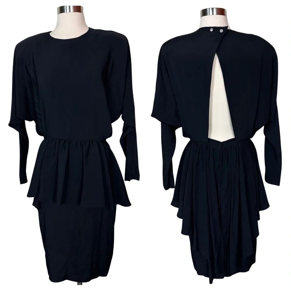 Regina Kravitz Vintage Black 80s Padded Shoulder Cutout Back Peplum Dress Size 8 - Picture 1 of 10